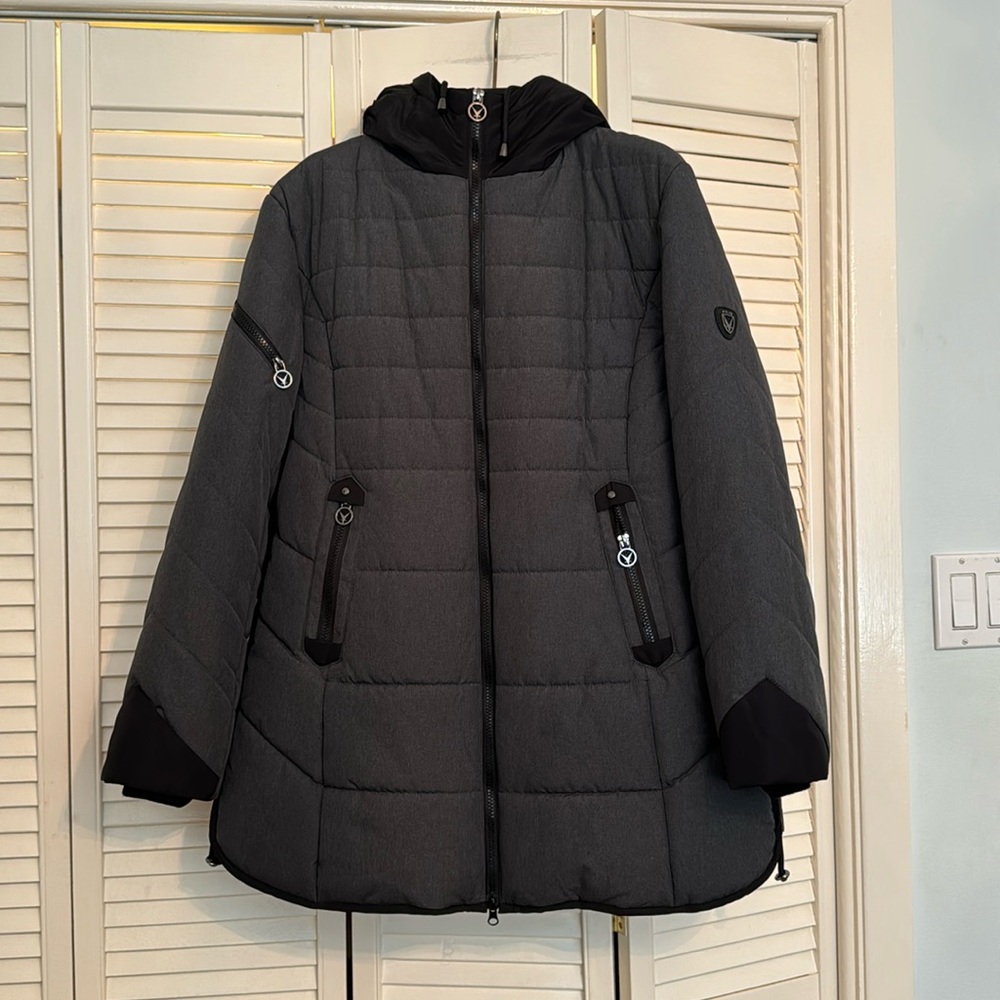 Heather Dark Grey and Black Hooded Puffer Winter Coat